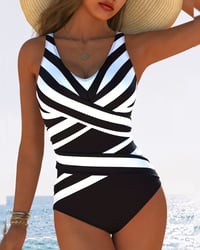 Casual Striped V-Neck One-Piece Swimsuit