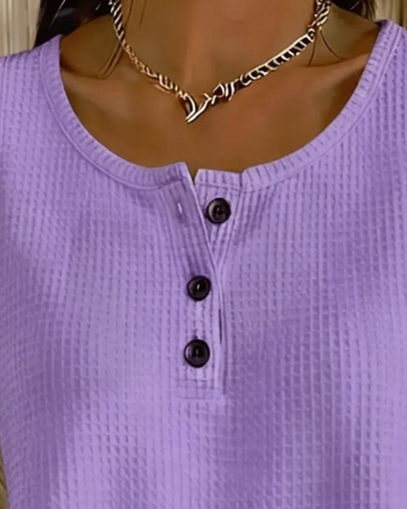 Crew Neck Sleeveless Waffle Button Tank Top