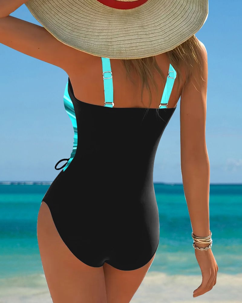 One-Piece Contrast Color Lace-Up Swimsuit