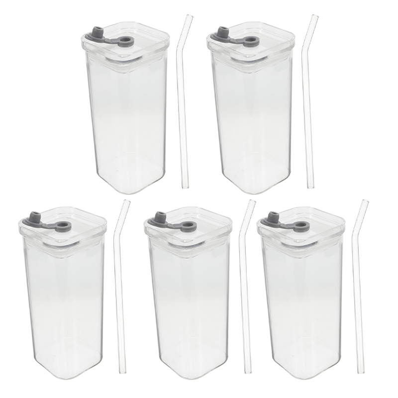 Stylish Square Glass Drink Cup with Lid and Straw