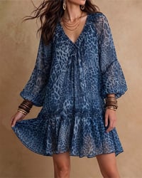 V-Neck Leopard Print Puff-Sleeve Ruffle Dress