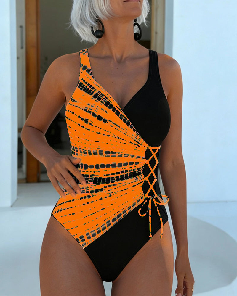 Color-Blocked Polka Dot One-Piece Swimsuit
