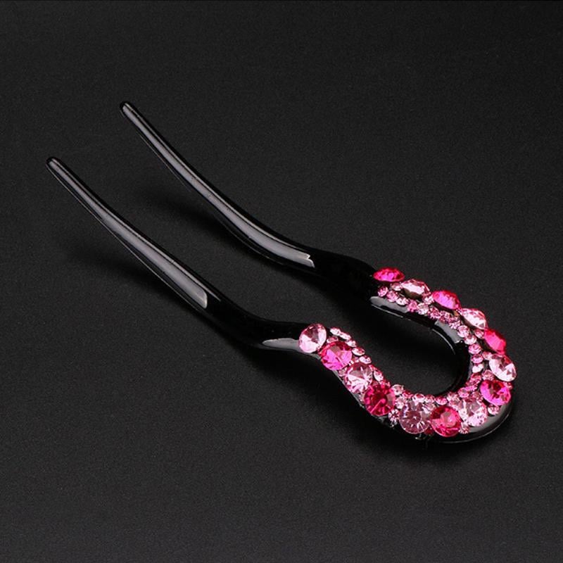 U-shape Crystal Rhinestone Double Prong Hair Pin Stick