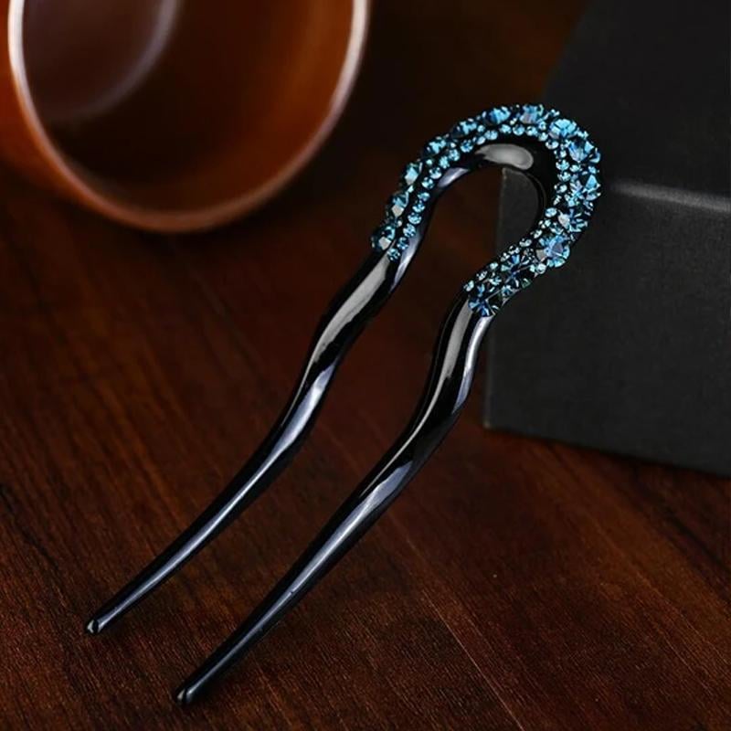 U-shape Crystal Rhinestone Double Prong Hair Pin Stick