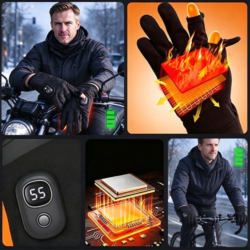 Heated gloves shown with a rider and illustrations of the heating system and battery status