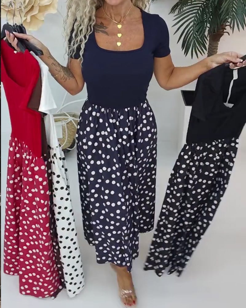 Square Neck Polka Dot Patchwork Dress