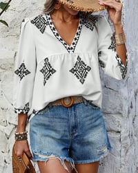 Blouse V-hals Diamantprint Driekwartmouwen