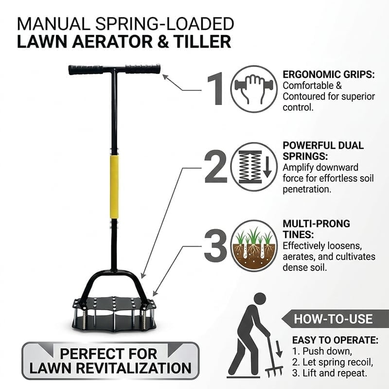 Manual Spring-Loaded Lawn Aerator & Tiller