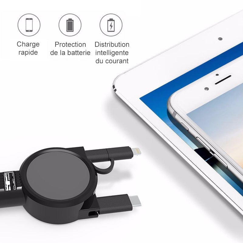 3-en-1 Chargeur Voiture Avec Câble Rétractable