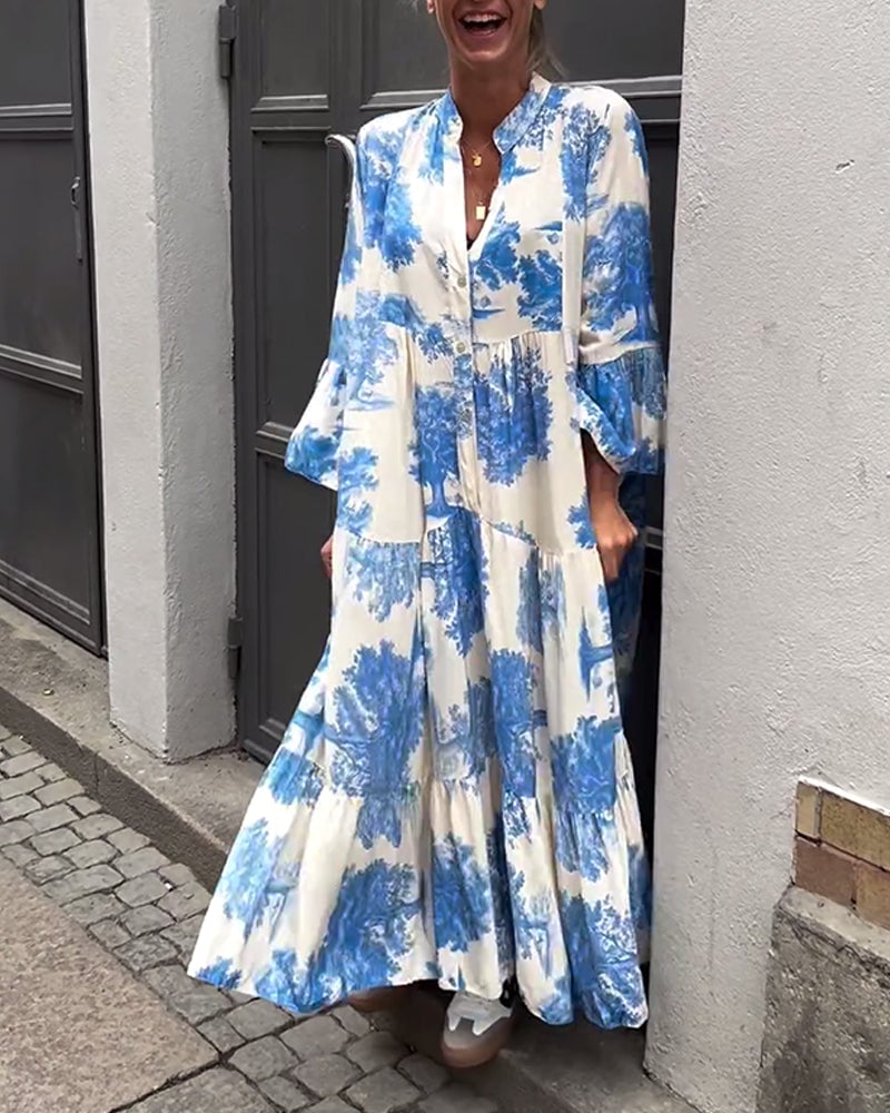 Robe patchwork ample imprimée à col en V et manches cloche