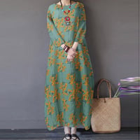 Women’s Loose Retro Round Neck Print Dress with Three-Quarter Sleeve