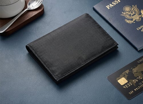 Slim tactical wallet beside a passport and bank card
