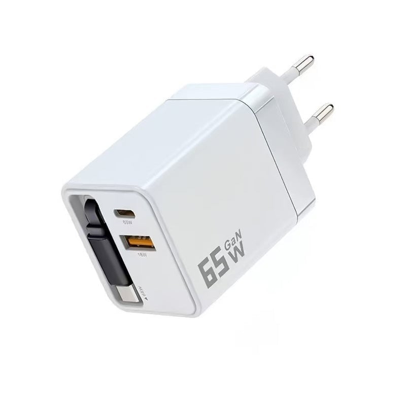 65 W GaN A+C Dual-Port-Schnellladeadapter mit einziehbarem Kabel