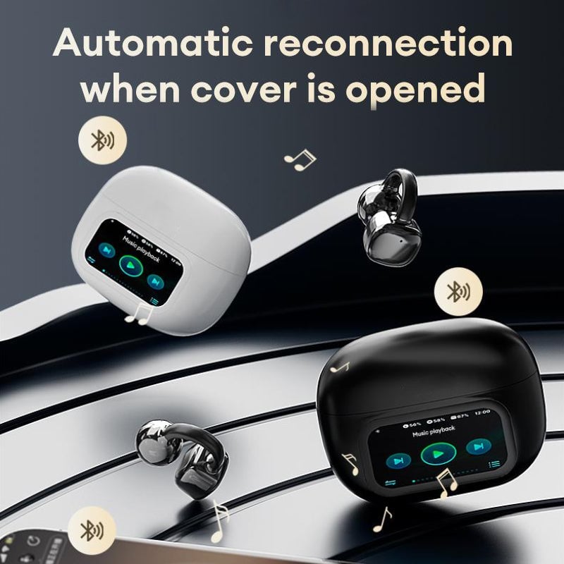 Clip-On Ear LCD Full Color Touchscreen Bluetooth 5.4 Wireless Headphones