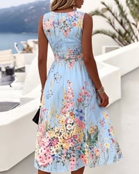 Sleeveless Floral Print Waist-Cinching Dress