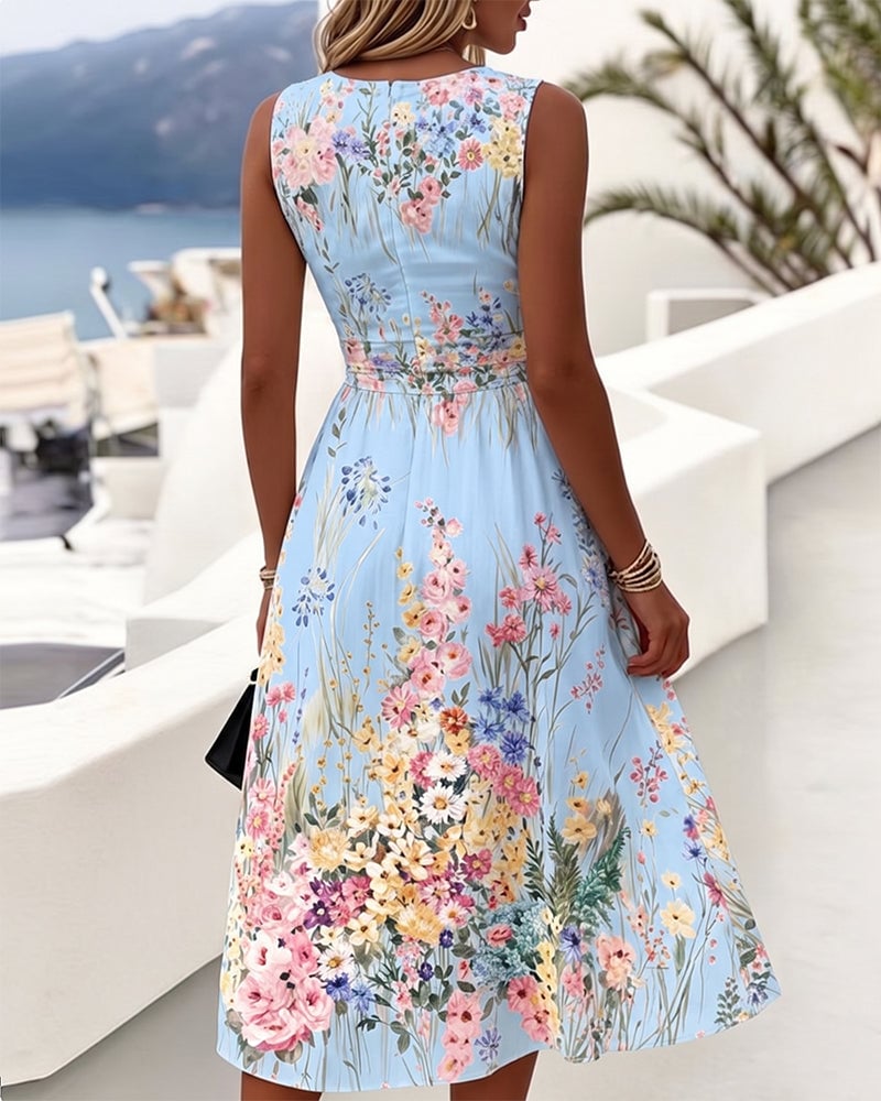Sleeveless Floral Print Waist-Cinching Dress