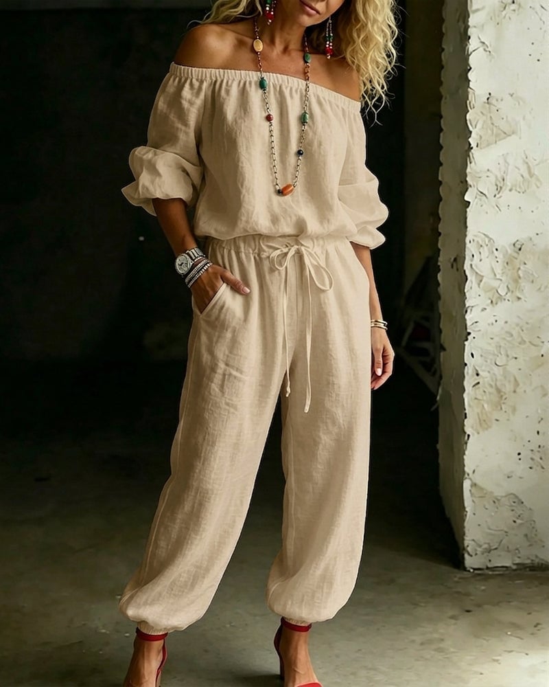 Off-Shoulder Tie Waist Cinched Waist Jumpsuit