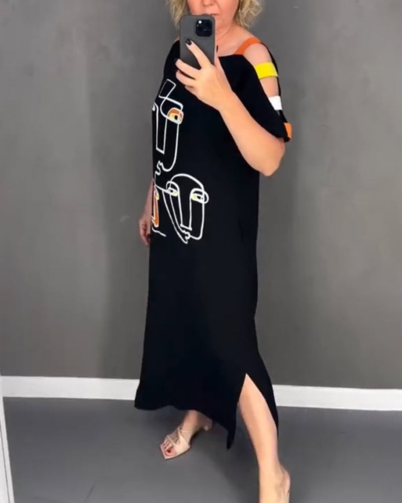 Robe Épaules Dénudées Découpée Imprimé Fente