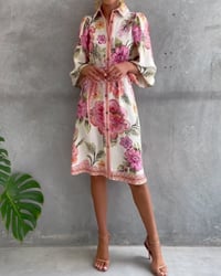 Lantern Sleeve Notched Collar Printed Dress