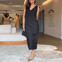 Jurk casual v-hals mouwloos effen kleur split