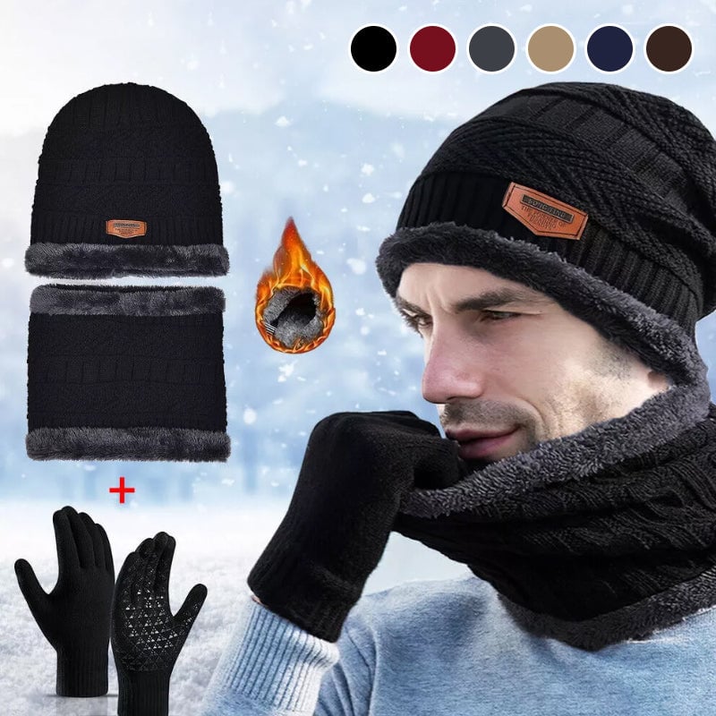 Knit Beanie Scarf and Gloves Warm 3-Piece Set
