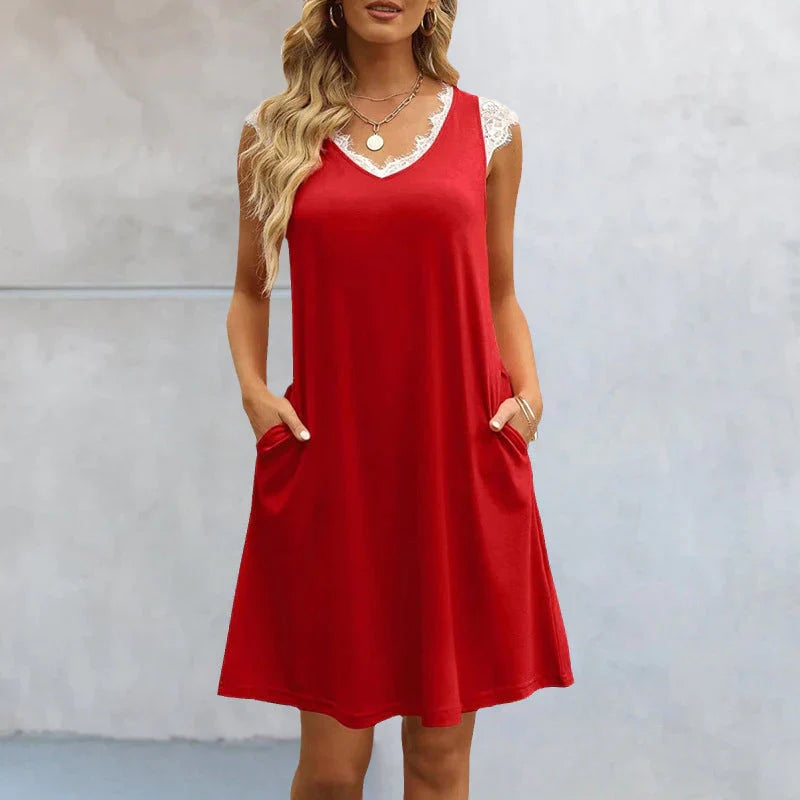 Summer Sleeveless V Neck Casual Lace Dresses with Pockets