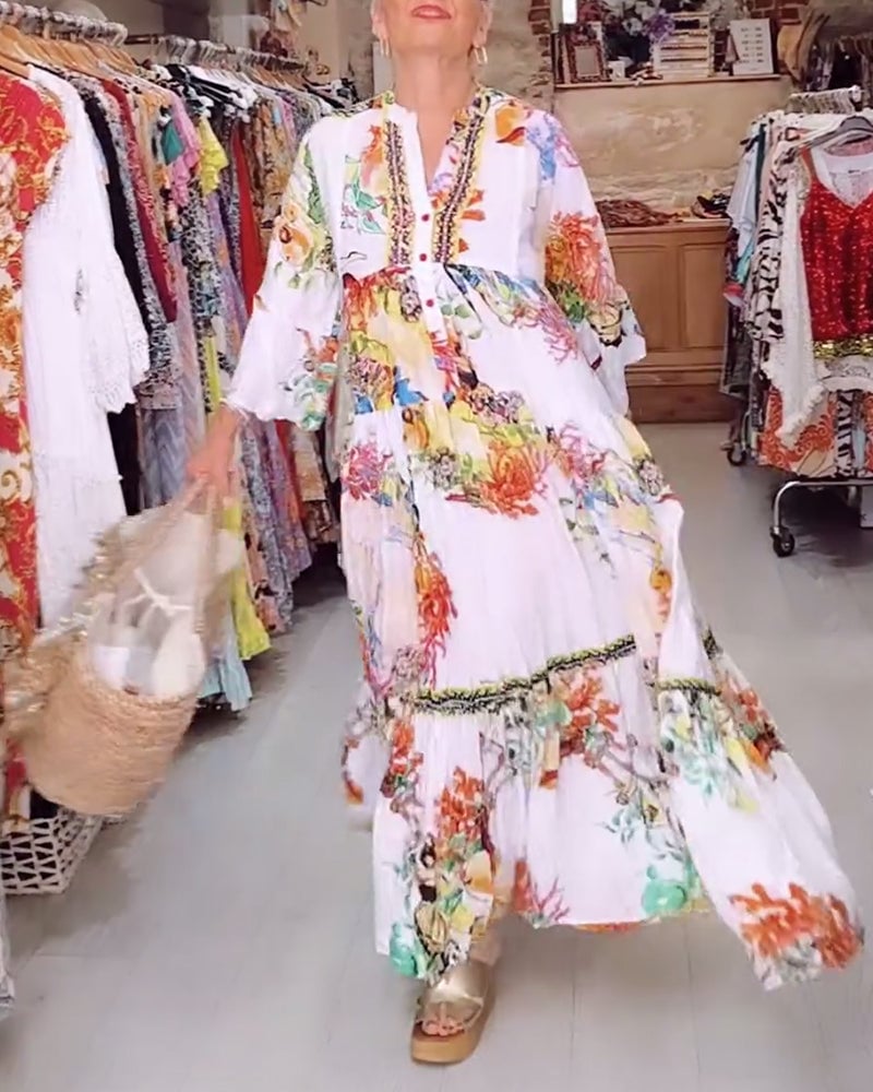 Boho patchwork-kjole med print