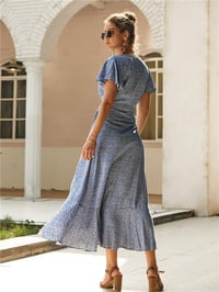 Casual Floral V Neck Short Sleeve Asymmetrical Long Dress