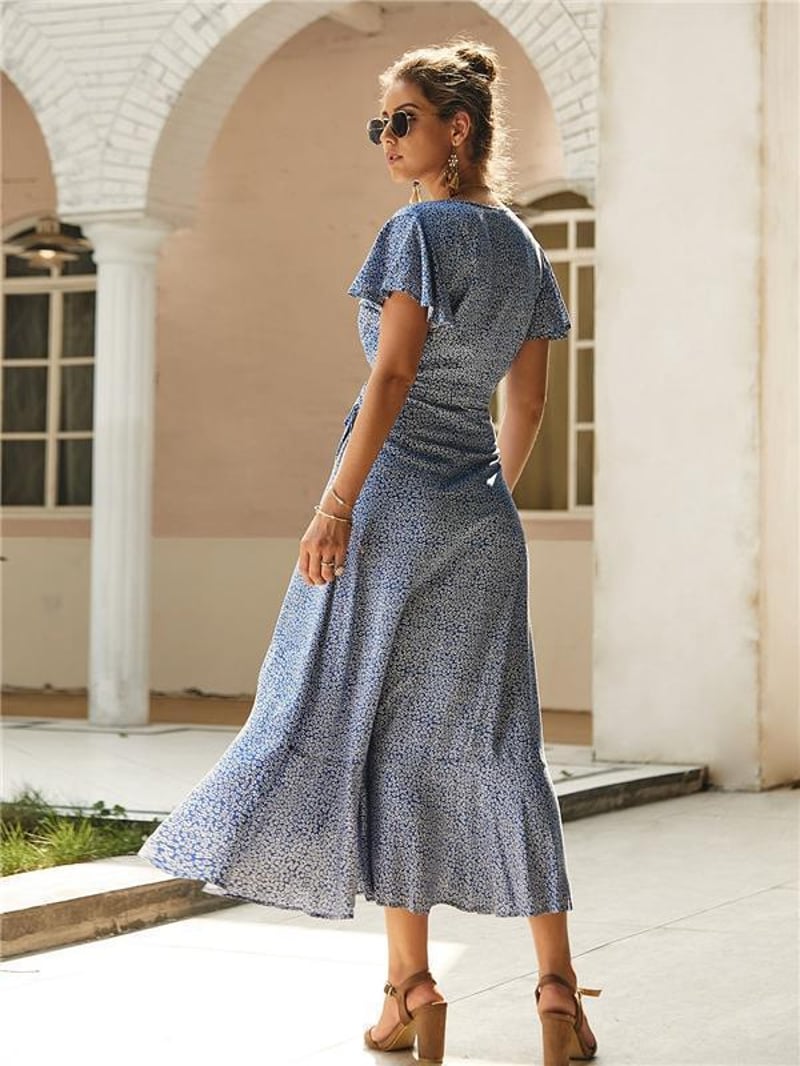 Casual Floral V Neck Short Sleeve Asymmetrical Long Dress