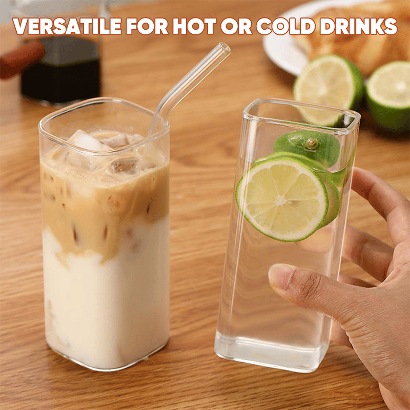 Stylish Square Glass Drink Cup with Lid and Straw