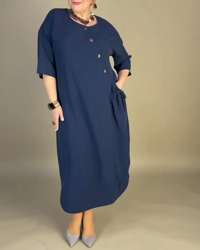 Casual solid color oblique button pocket loose dress