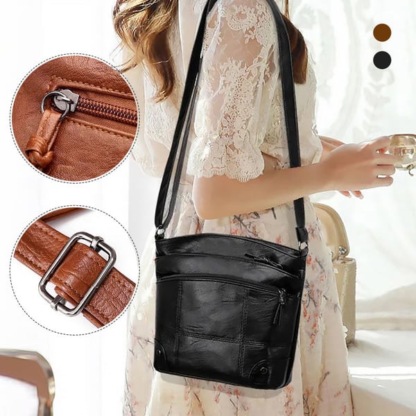 Skuldertaske i blødt læder med flere lommer og stor kapacitet