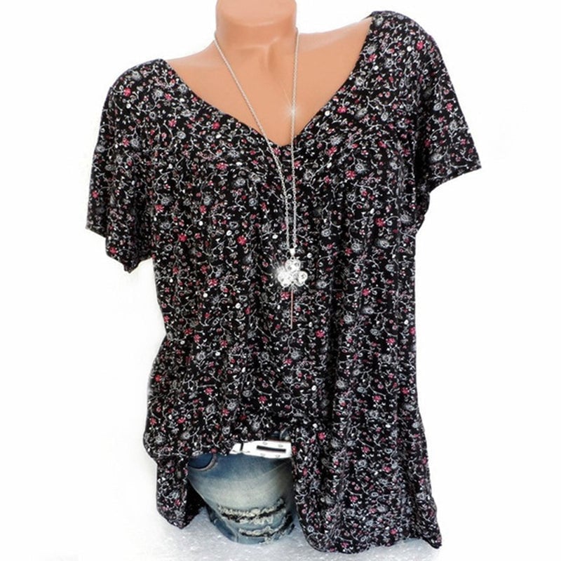 Camiseta de verano casual de manga corta con cuello en V para mujer