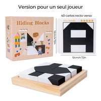 Puzzle géométrique en bois avec blocs cachés et plateau de rangement