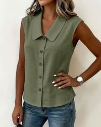Sleeveless Lapel Linen-Cotton Shirt