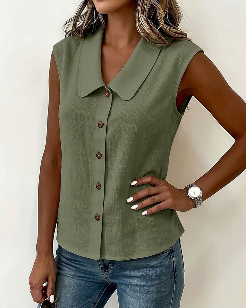 Sleeveless Lapel Linen-Cotton Shirt