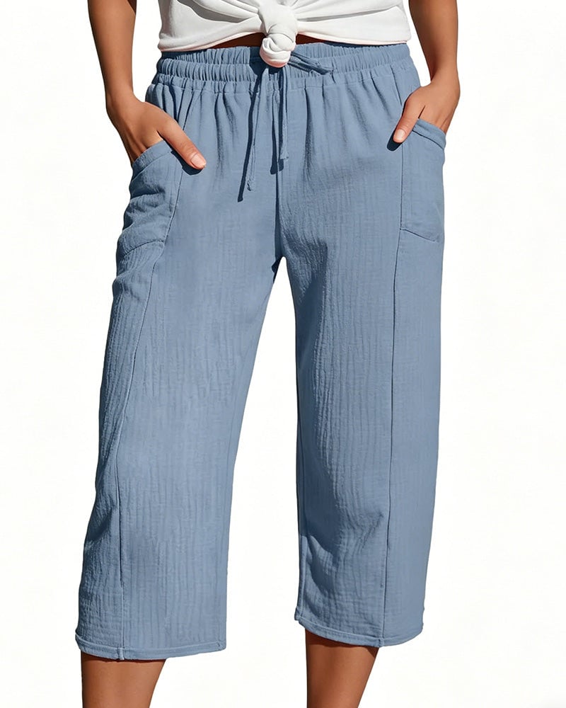 Solid Color Drawstring Wide-Leg Cropped Pants