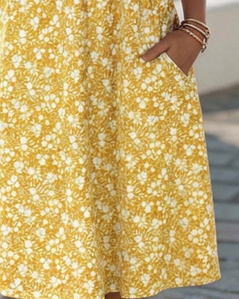 V-Neck Short-Sleeved Floral Dress