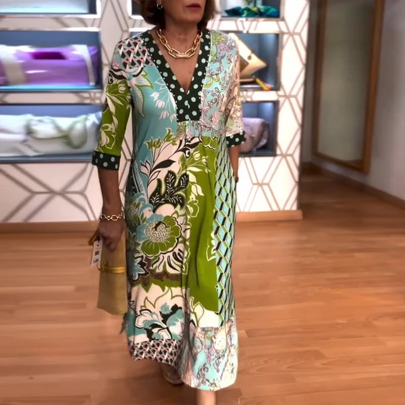 Robe au Col en V avec Impression Vintage et Découpe en Fente