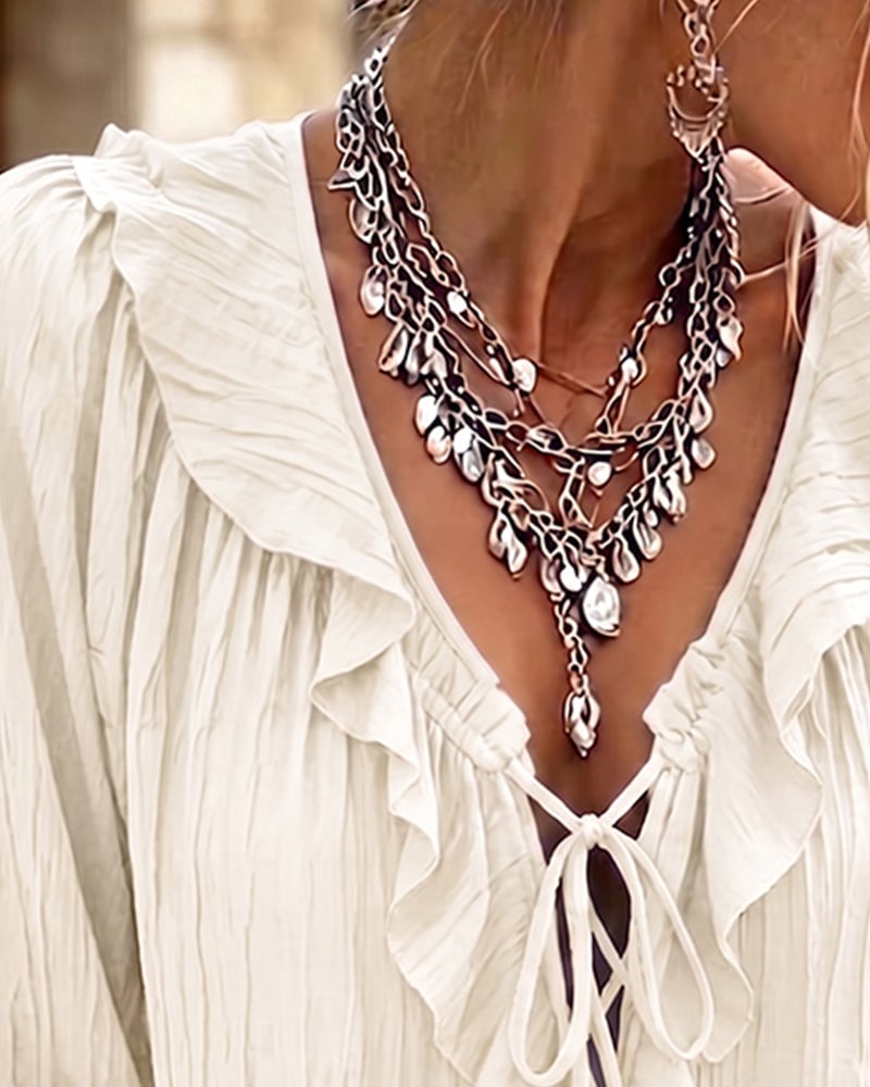 Ruffle Trim Lace-Up Long Sleeve Blouse