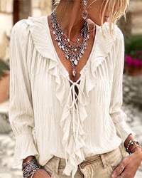 Ruffle Trim Lace-Up Long Sleeve Blouse