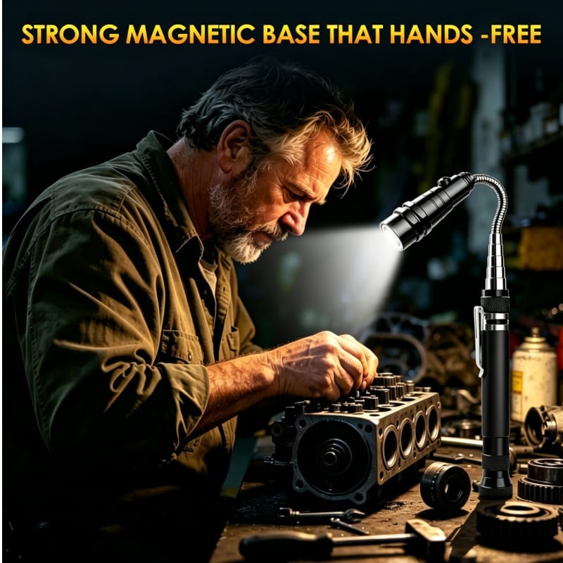 Telescoping Magnetic Flashlight with Flexible LED Pickup Tool