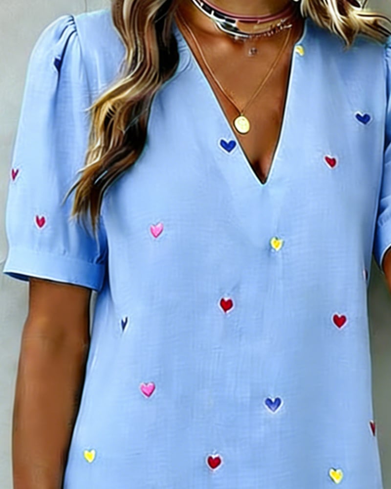 Buntes Herz-Print-Kleid Mit V-Ausschnitt