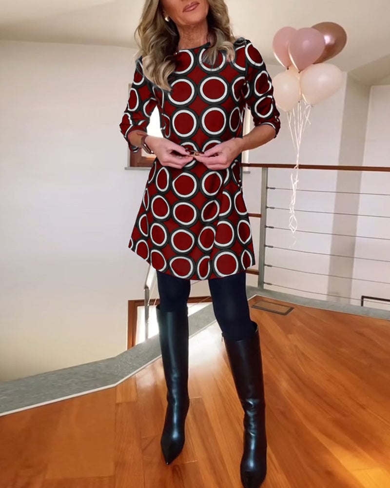 Round neck circle print casual dress