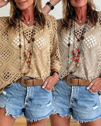 Diamond-Patterned Openwork Loose Top Set