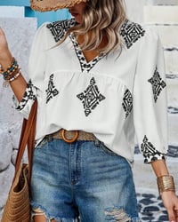 Blouse V-hals Diamantprint Driekwartmouwen