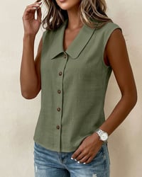 Sleeveless Lapel Linen-Cotton Shirt