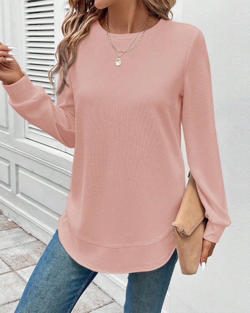 Round Neck Long Sleeve Solid Color Top