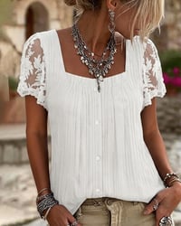 Square Neck Ribbed Lace Patchwork Blouse