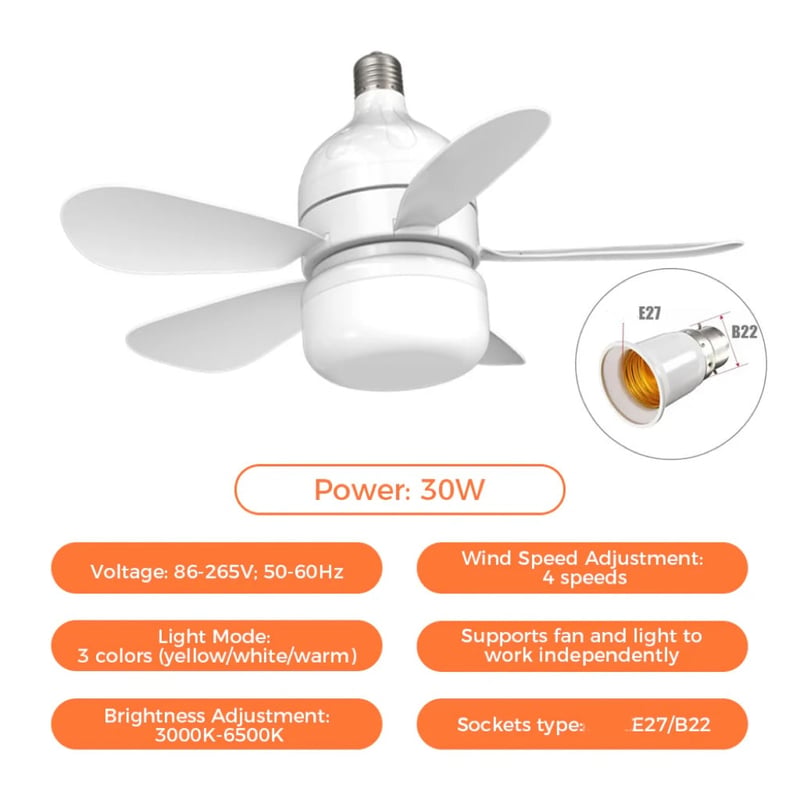 2-in-1 LED Ceiling Fan Light with Remote Control, E27/B22 Base
